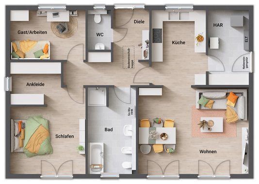 Grundriss Variante 5 mit großem Bad und Nebeneingang Bungalow 110 mit großem Bad, Gäste-WC, Ankleide und Hauswirtschaftsraum mit Nebeneingang