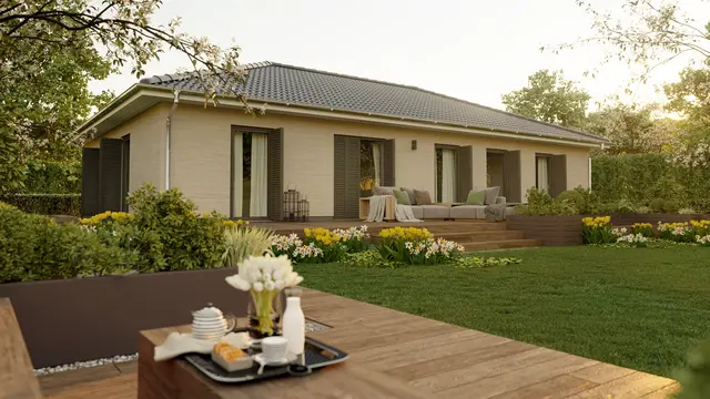 Bungalow 131 auf einer Ebene in der Südwestpfalt bauen Die fünfte Variante des Bungalow 131 bietet ein großzügiges Wohlfühlbad, eine integrierte Ankleide im Schlafzimmer und eine minimalistische Planung, die bewusst auf ein Gäste-WC verzichtet.